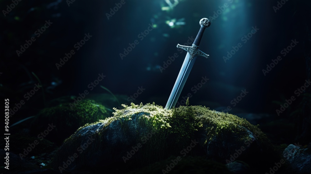 A mystical Excalibur sword embedded in a stone, illuminated by ethereal light in a dark, enchanted forest. A mystical Excalibur sword embedded in a stone, illuminated by ethereal light in a dark, enchanted forest.