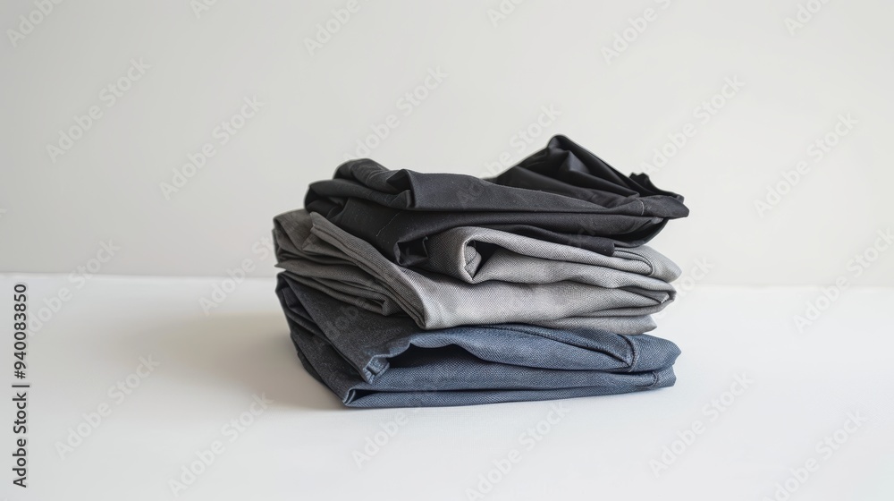 Stack of folded black, gray, and blue jeans on white surface Stack of folded black, gray, and blue jeans on white surface