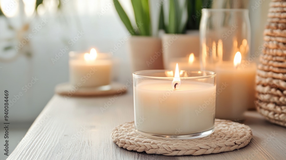 Warm and cozy ambiance created by soft-lit candles on a stylish wooden table with greenery in the background. Warm and cozy ambiance created by soft-lit candles on a stylish wooden table with greenery in the background.