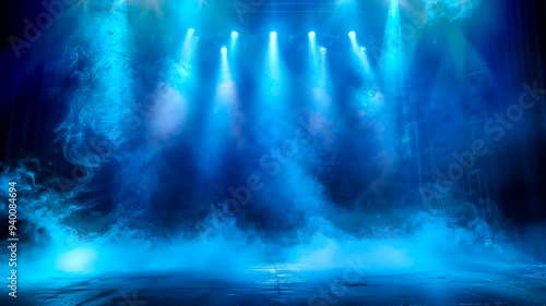 Dramatic blue stage in fog spotlights