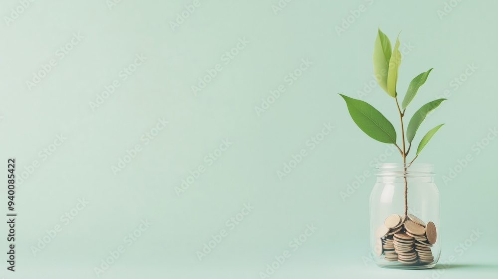 Jar filled with coins and a growing plant on a soft green background, symbolizing sustainable business growth. Copy space on the left Jar filled with coins and a growing plant on a soft green background, symbolizing sustainable business growth. Copy space on the left