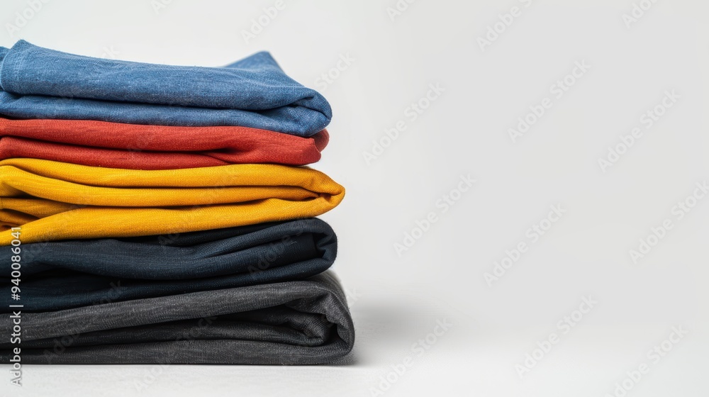 Stack of colorful clothes neatly folded on white background Stack of colorful clothes neatly folded on white background