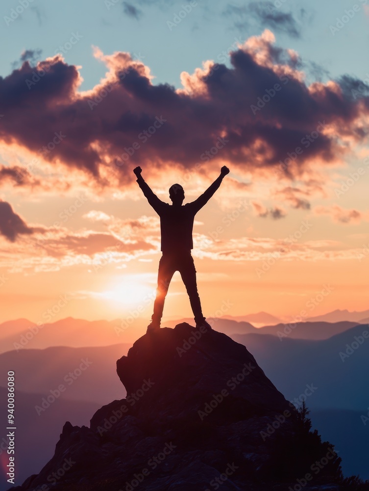 A silhouette of a person celebrating on a mountain peak against a stunning sunset backdrop, symbolizing achievement and victory. A silhouette of a person celebrating on a mountain peak against a stunning sunset backdrop, symbolizing achievement and victory.