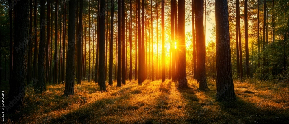Fototapeta premium A serene forest scene at sunset with golden light filtering through tall trees, creating a tranquil atmosphere in nature.