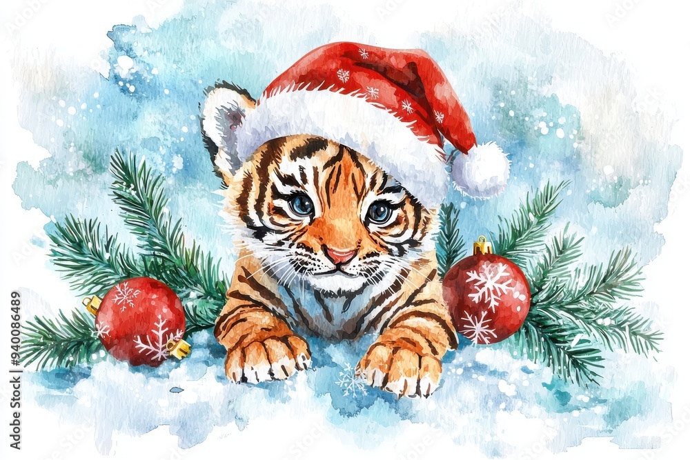 Adorable tiger wearing a Santa hat, surrounded by Christmas ornaments and pine branches in a snowy landscape. Adorable tiger wearing a Santa hat, surrounded by Christmas ornaments and pine branches in a snowy landscape.
