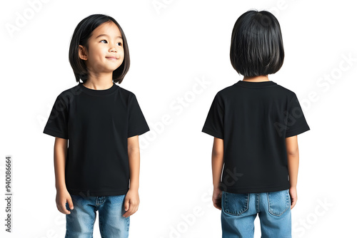 Asian child posing confidently in black t-shirt mock-up with front and back view on white background