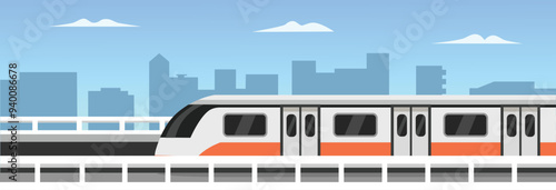 Urban railway illustration. Train in the city. Subway train over cityscape. City landscape with train. Train moving on a bridge. Public transportation art. Tram city illustration. High speed subway.