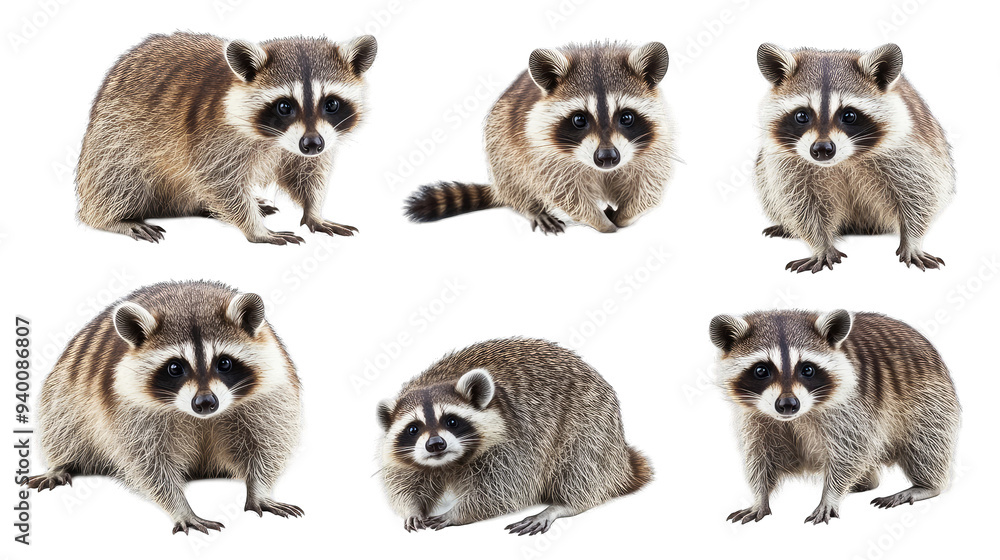 Obraz premium Set and group of raccoons, isolated