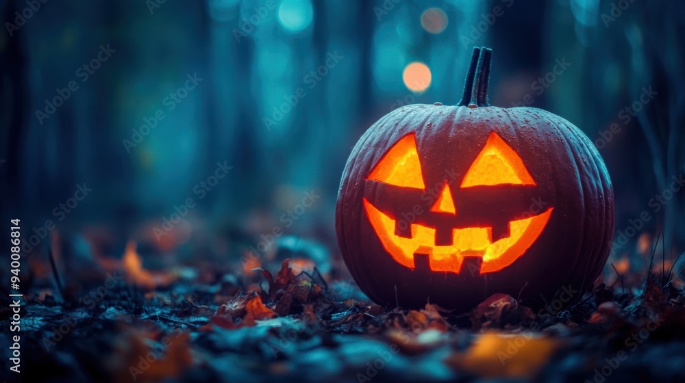 A glowing jack-o'-lantern illuminates a spooky forest scene, capturing the essence of Halloween night. A glowing jack-o'-lantern illuminates a spooky forest scene, capturing the essence of Halloween night.