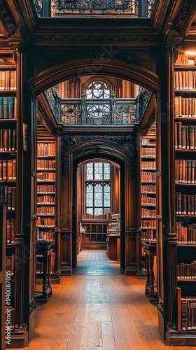Wallpaper Mural A stunning library interior featuring tall shelves filled with books, intricate architecture, and a warm, inviting atmosphere. Torontodigital.ca