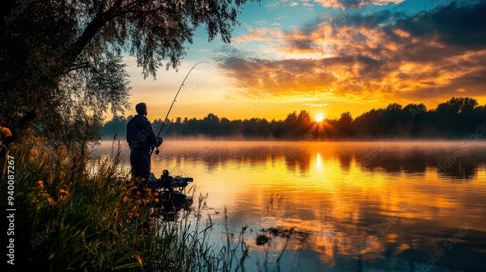 A tranquil riverside scene at sunset, featuring a fisherman enjoying a peaceful moment by the water, surrounded by nature's beauty.
