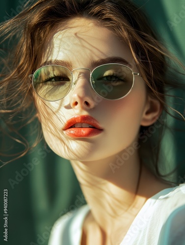 A captivating portrait of a woman wearing stylish sunglasses, showcasing beauty and elegance under natural light.