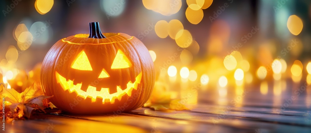 A vibrant Halloween pumpkin with a cheerful jack-o'-lantern face, glowing warmly among autumn leaves and festive lights.