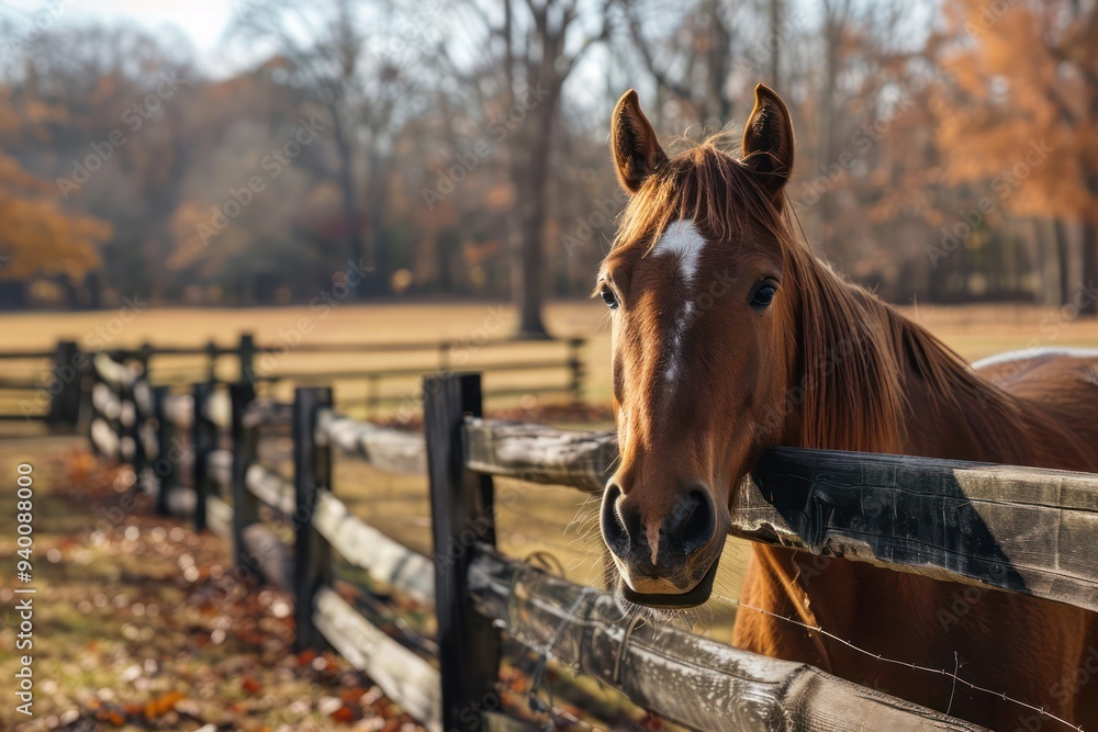 Naklejka premium Horse Portrait with a Wooden Fence