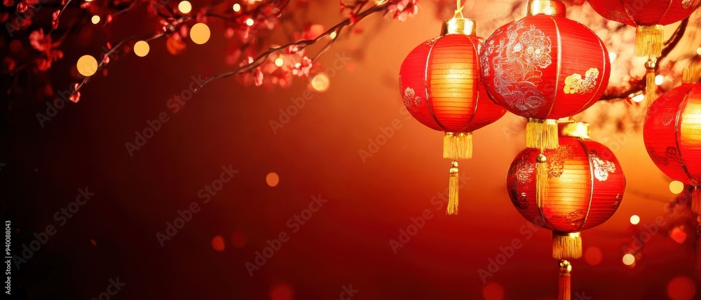 Beautiful red lanterns illuminated against a warm background, perfect for celebrations and festive occasions. Beautiful red lanterns illuminated against a warm background, perfect for celebrations and festive occasions.