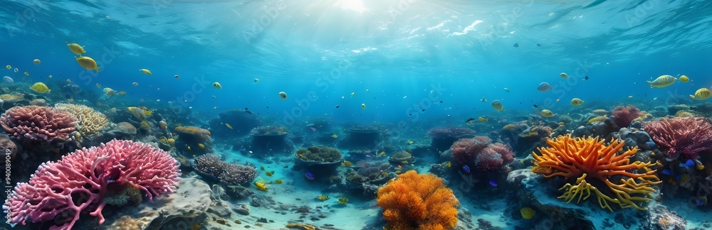 Naklejka premium 360 degree underwater scene, marine life. HDRI spherical panorama.