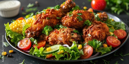 Crispy fried chicken drumsticks served on a platter with fresh lettuce, ripe tomatoes, and a garnish of canned corn. photo