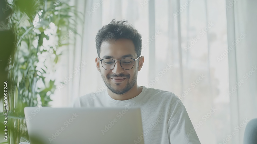 Young man with glasses smiling while working on a laptop from home, enjoying remote work in a comfortable and relaxed environment. Young man with glasses smiling while working on a laptop from home, enjoying remote work in a comfortable and relaxed environment.