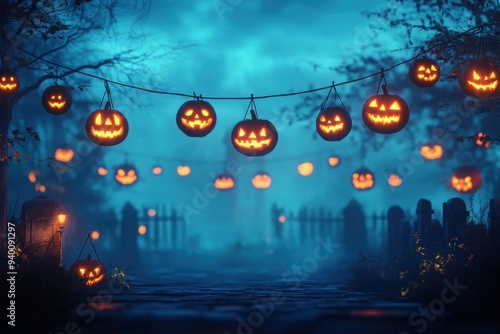 A Halloween scene with a graveyard and a path with pumpkins hanging from a rope