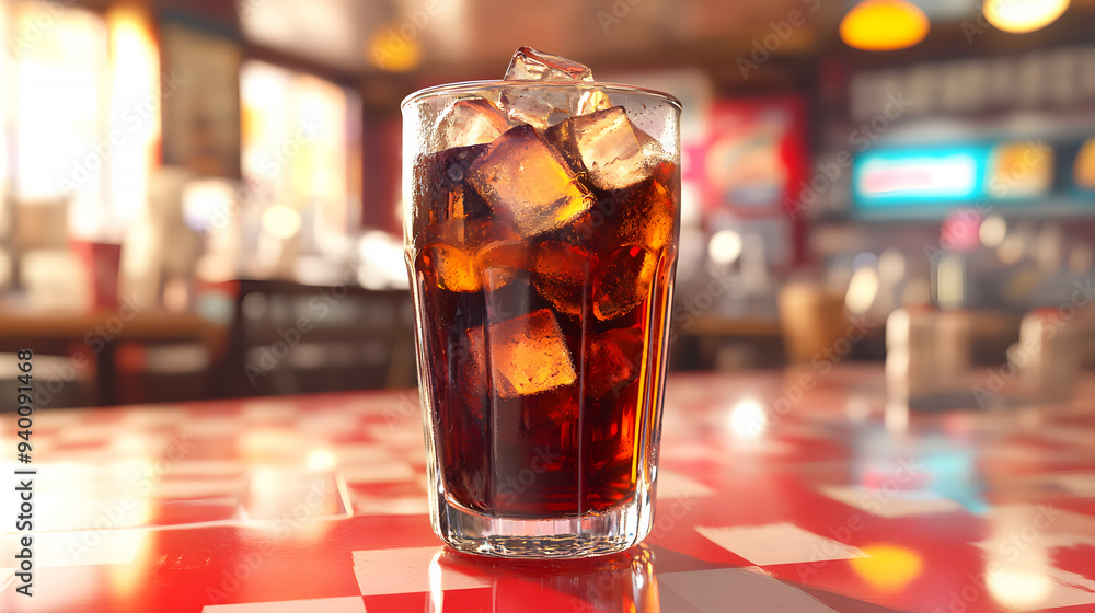 glass of cola with ice, styled like a 1950s soda shop ad. The cola is dark and bubbly, with large ice cubes, and the glass has a retro label design. The background features a classic diner setting glass of cola with ice, styled like a 1950s soda shop ad. The cola is dark and bubbly, with large ice cubes, and the glass has a retro label design. The background features a classic diner setting