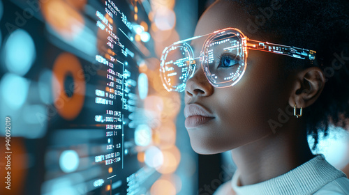 A woman is looking at a computer screen with a lot of numbers and letters