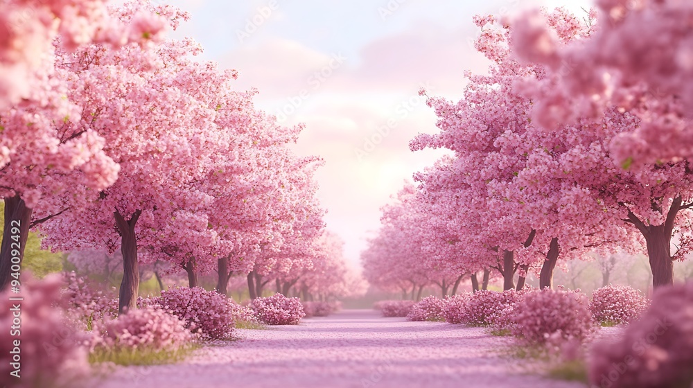 Enchanting 3D Render of Detailed Cherry Blossom Grove on Pink Background with Gentle Light Enchanting 3D Render of Detailed Cherry Blossom Grove on Pink Background with Gentle Light
