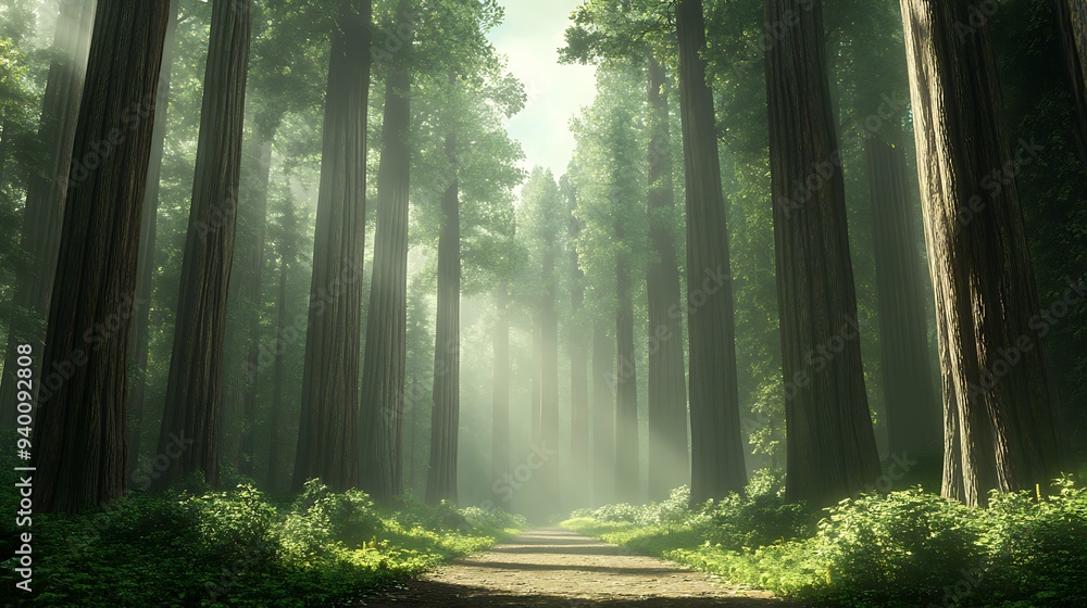 Majestic 3D Render of Redwood Forest with Towering Trees, Dappled Light, and Exquisite Detailing Majestic 3D Render of Redwood Forest with Towering Trees, Dappled Light, and Exquisite Detailing