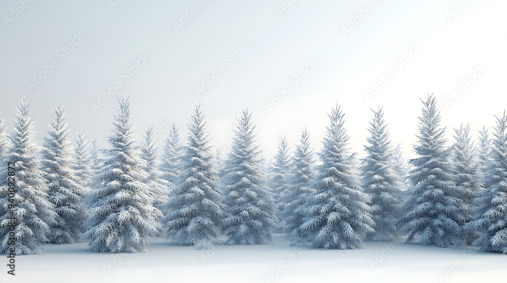 Wintery 3D Render of Detailed Spruce Forest with Snow-Covered Background and Cold Light Wintery 3D Render of Detailed Spruce Forest with Snow-Covered Background and Cold Light