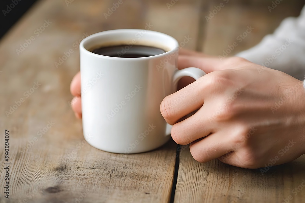 Close-up of Human Hand Grasping a Steamy Mug of Coffee in Warm Atmosphere Close-up of Human Hand Grasping a Steamy Mug of Coffee in Warm Atmosphere