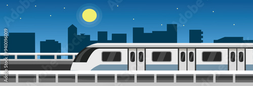 Urban railway at night. Train on the bridge at night. After work time. Public transportation at night. Subway cityscape. Metro train. High speed subway. Tram transportation.