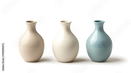 Elegant Ceramic Vases Trio in Turquoise, Ivory, and Terracotta on White Background