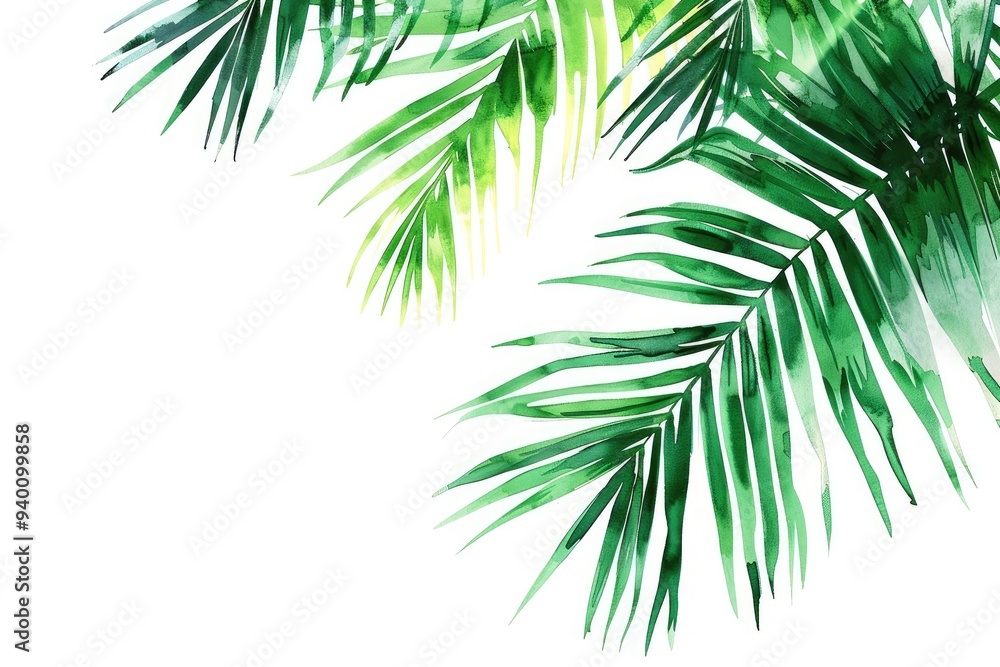 Vibrant watercolor illustration of green palm leaves on a clean background, perfect for tropical themes and nature designs. Vibrant watercolor illustration of green palm leaves on a clean background, perfect for tropical themes and nature designs.