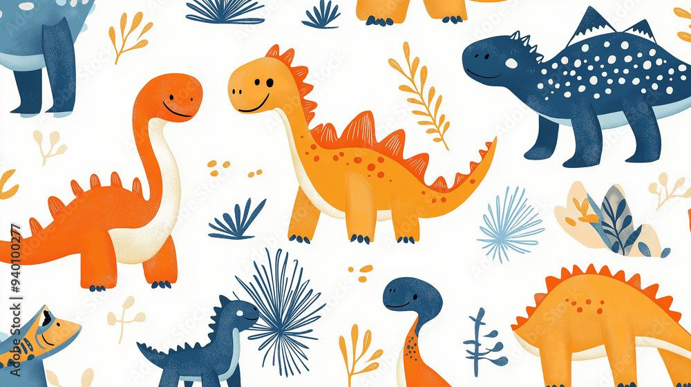 Obraz premium Cute Stylized Dinosaurs in a Fun Kid-Friendly Pattern