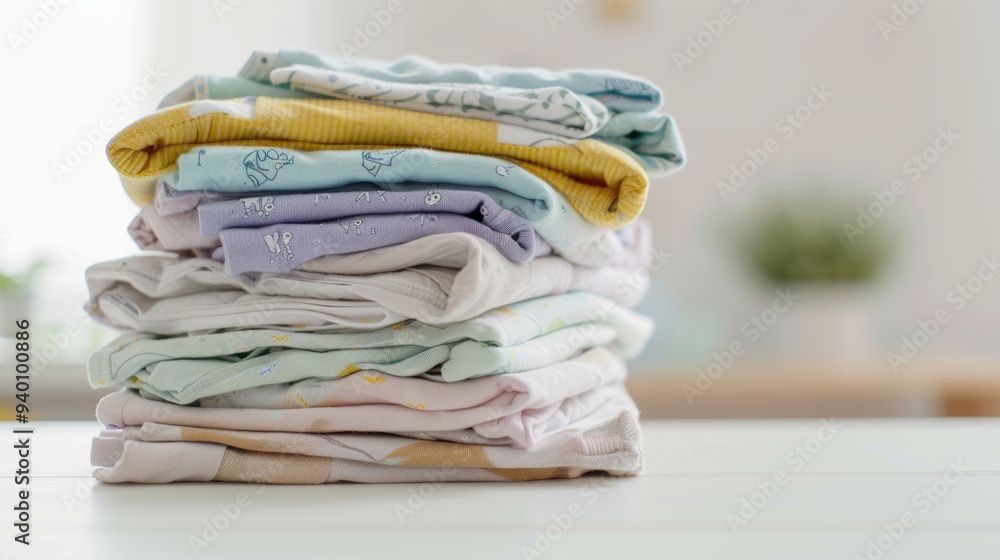 Stack of baby clothes sitting on a table inside a home Stack of baby clothes sitting on a table inside a home
