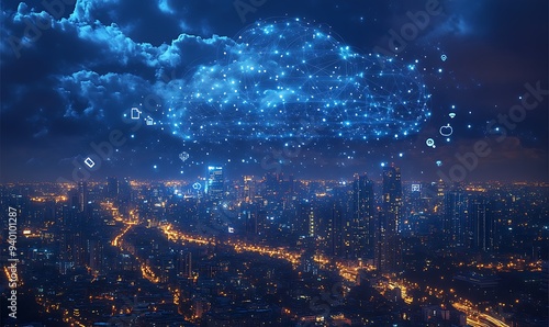  Global data storage hologram and backup, files synchronization and city view 