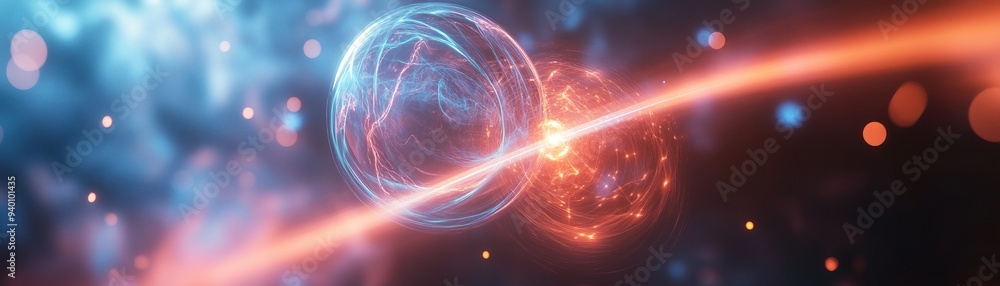 Obraz premium A captivating visual of energetic particles colliding, showcasing vibrant colors and dynamic motion in a cosmic setting.