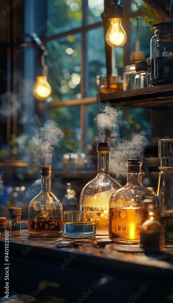 A magical laboratory scene with glowing glass bottles and smoke, capturing a sense of wonder and scientific exploration. A magical laboratory scene with glowing glass bottles and smoke, capturing a sense of wonder and scientific exploration.
