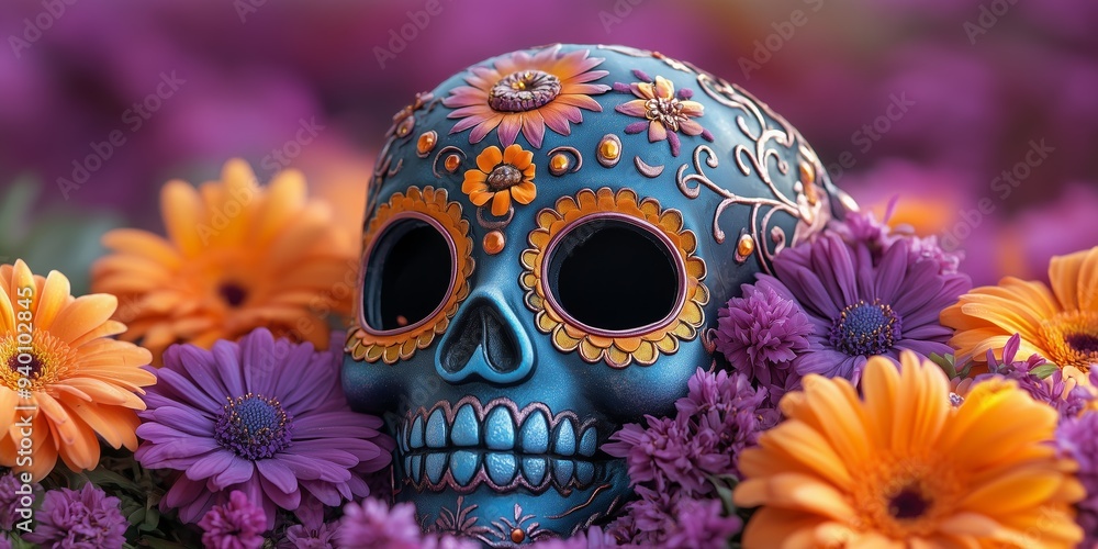 dia de los muertos festive sugar skull mask with dahlias, roses and orange marigolds on a purple background, flat lay photography dia de los muertos festive sugar skull mask with dahlias, roses and orange marigolds on a purple background, flat lay photography