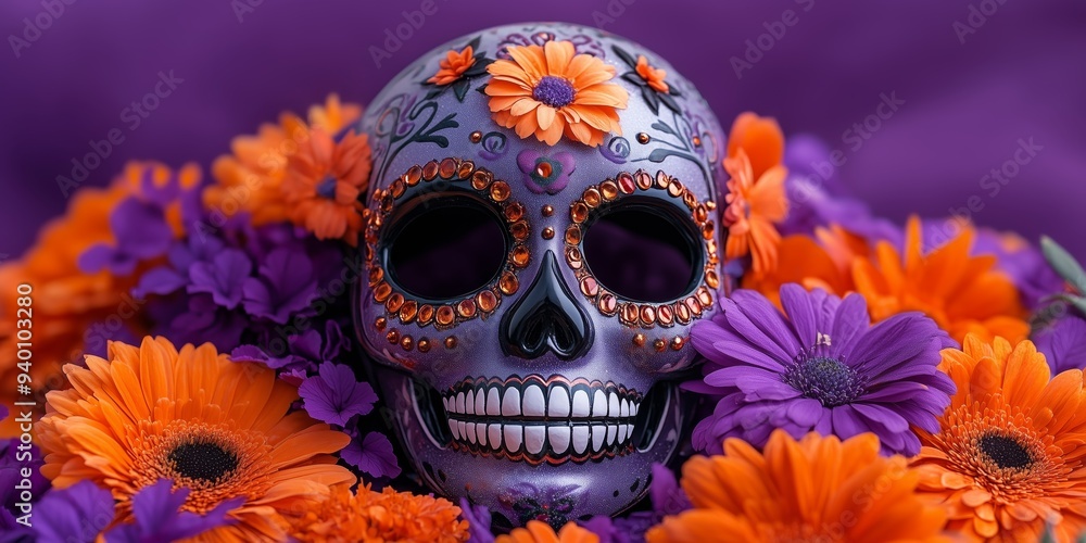 dia de los muertos festive sugar skull mask with dahlias, roses and orange marigolds on a purple background, flat lay photography