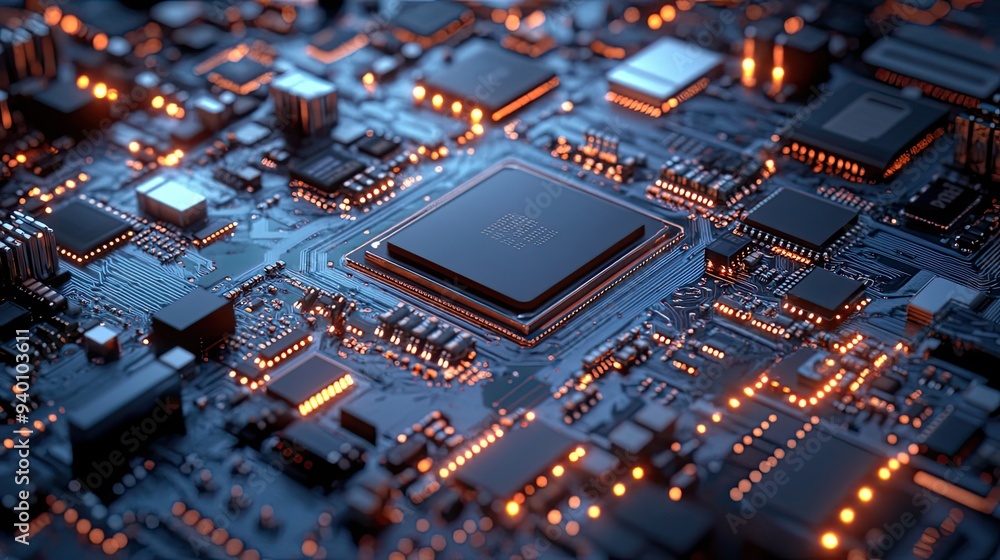 Illuminated Microchip on a Circuit Board with Integrated Circuits Illuminated Microchip on a Circuit Board with Integrated Circuits