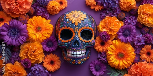 dia de los muertos festive sugar skull mask with dahlias, roses and orange marigolds on a purple background, flat lay photography photo