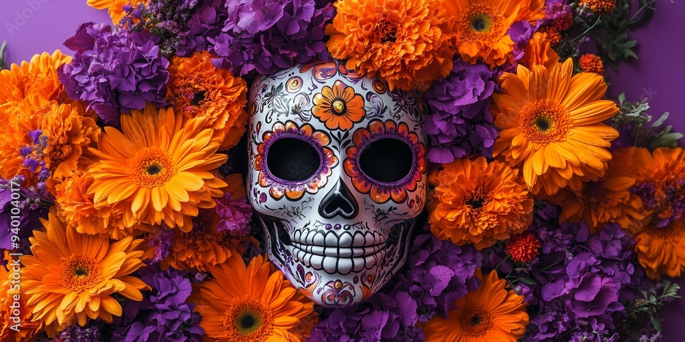 dia de los muertos festive sugar skull mask with dahlias, roses and orange marigolds on a purple background, flat lay photography dia de los muertos festive sugar skull mask with dahlias, roses and orange marigolds on a purple background, flat lay photography