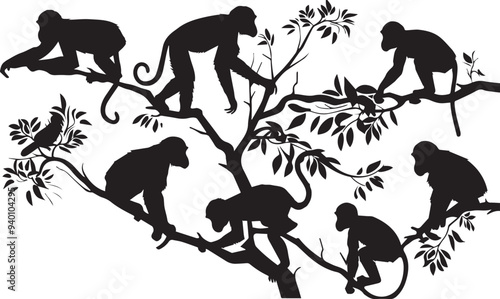 Set silhouettes of animals, Silhouette vector of monkey on the tree in different poses