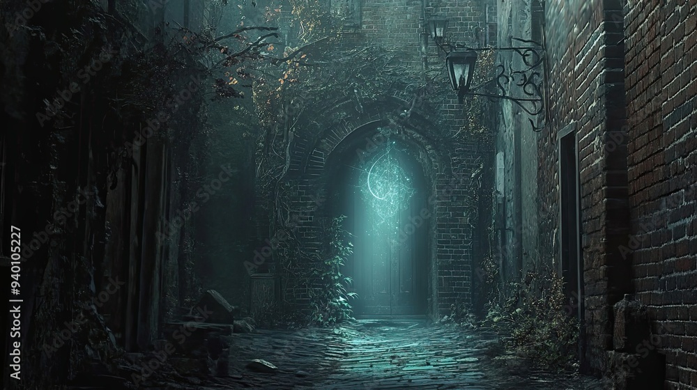 A Mystical Glowing Archway in a Dark, Brick-Lined Alleyway A Mystical Glowing Archway in a Dark, Brick-Lined Alleyway