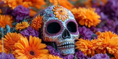 dia de los muertos festive sugar skull mask with dahlias, roses and orange marigolds on a purple background, flat lay photography