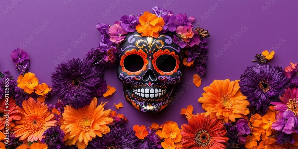 dia de los muertos festive sugar skull mask with dahlias, roses and orange marigolds on a purple background, flat lay photography dia de los muertos festive sugar skull mask with dahlias, roses and orange marigolds on a purple background, flat lay photography