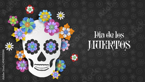 dia de los muertos banner with paper flowers and skull. day of dead background  