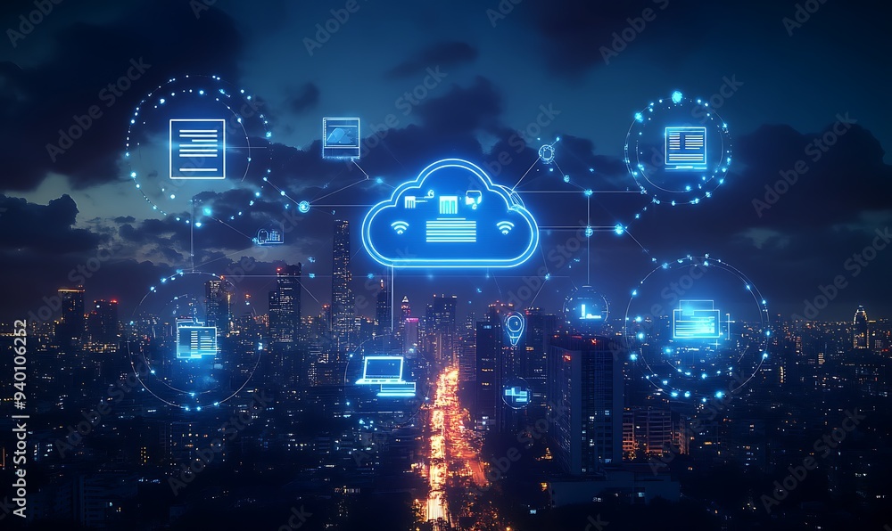 Global data storage hologram and backup, files synchronization and city view Global data storage hologram and backup, files synchronization and city view