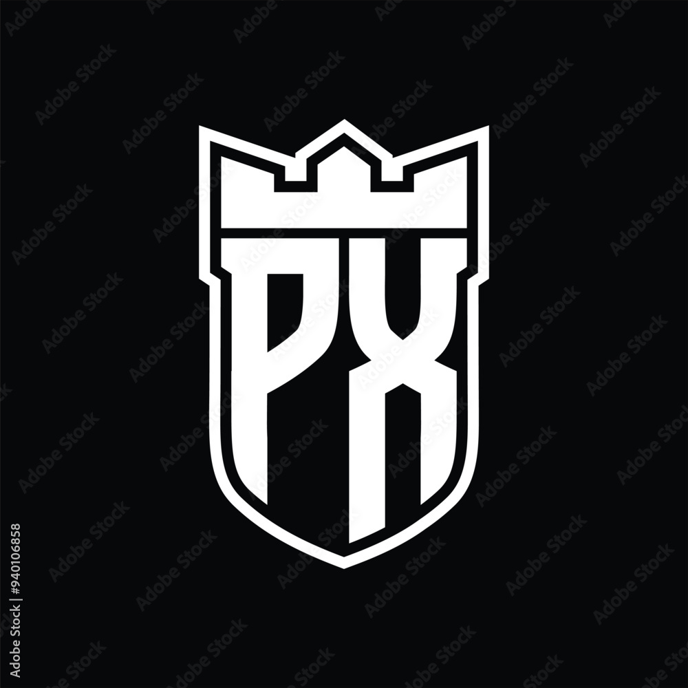 PX Logo shield shape with geometric crown inside white outline on black background template design PX Logo shield shape with geometric crown inside white outline on black background template design