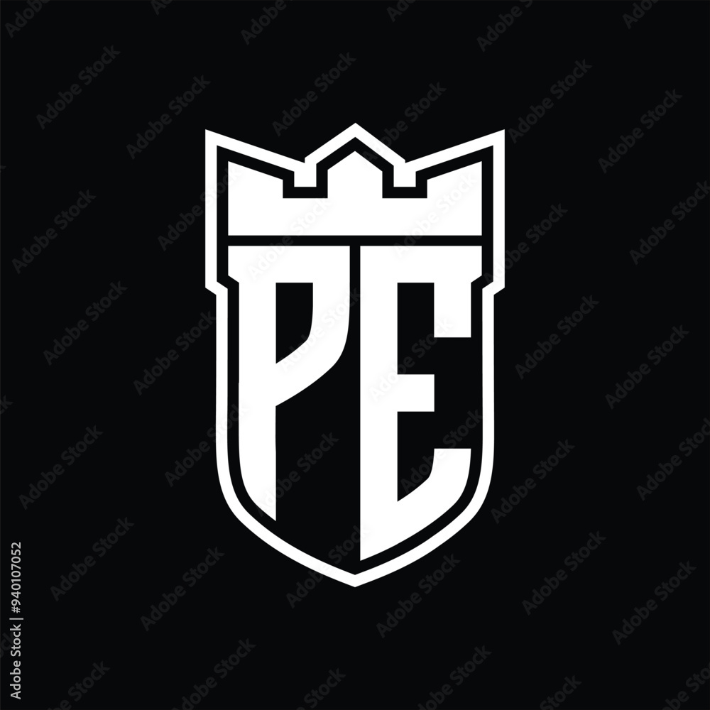 PE Logo shield shape with geometric crown inside white outline on black background template design PE Logo shield shape with geometric crown inside white outline on black background template design